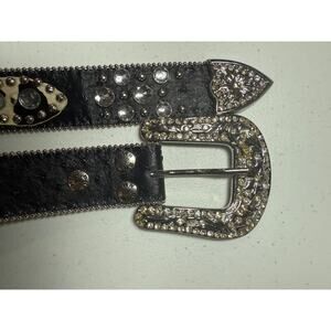 BHW Western Belt Black With White Cow Hair Rhinestones Buckle Changeble